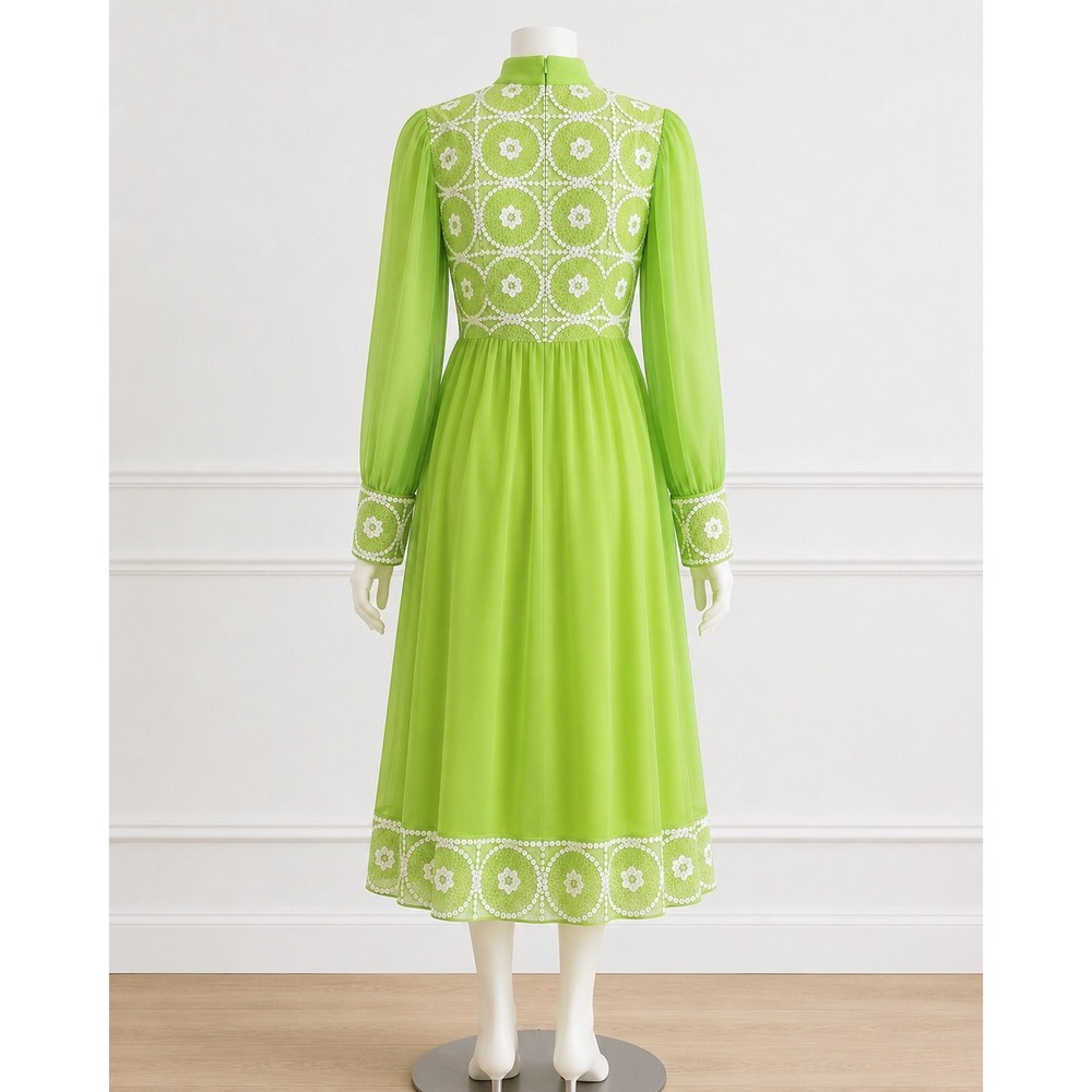 Vintage 1970s Lime Green Chiffon Dress Crochet Sequin Bodice Sheer Sleeve 70s - Picture 5 of 12